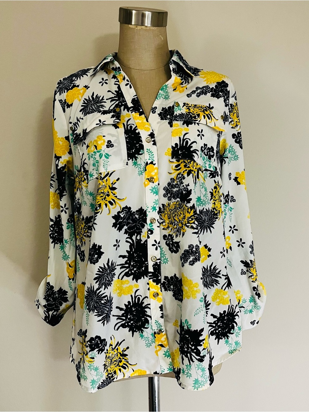 Charter Club White Button-Front Floral Shirt with Yellow Black Teal Print